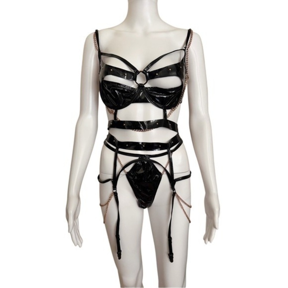 Roma Black Strappy Vinyl Lingerie Set with Chain Accents Size Medium